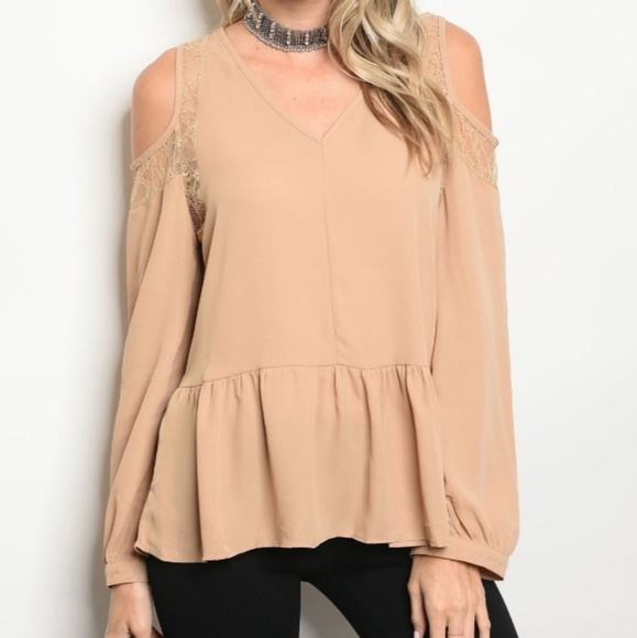 💛Desert Beige Cold Shoulder Peplum Top - Picture 2 of 3